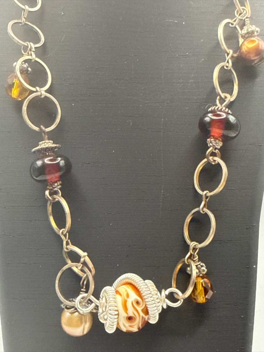 Boho Earth Tone Beaded Link Station Necklace Silver Tone Mixed Glass 22"